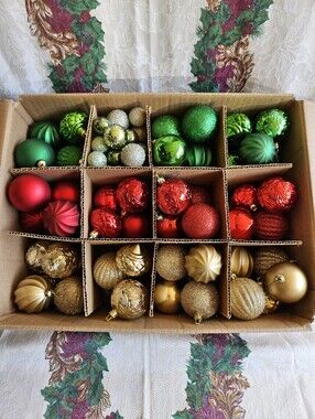 Lot Of 112 Festive Unbreakable Ornament Assortment - Red, Green, Gold, Silver